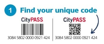 Infograph showing where to find unique CityPASS code on CityPASS ticket