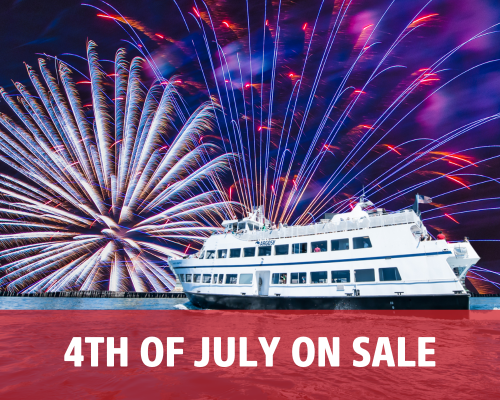 Photo of an Argosy Cruises boat on the water with fireworks in the night sky and the text 4th of July on sale